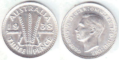 1938 Australia silver Threepence (aUnc) A003116
